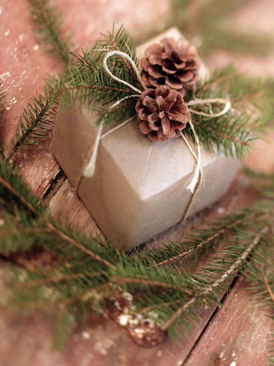 Brown paper, string and pinecone as decoration
