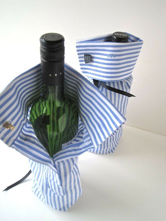 Wine bottle gift wrap using old shirt sleeves