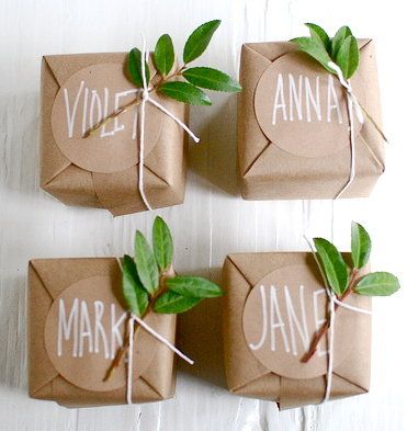Brown paper, string and leaf decoration